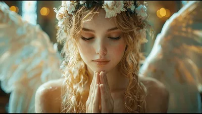 Beautiful Angel With Floral Crown Praying In Church