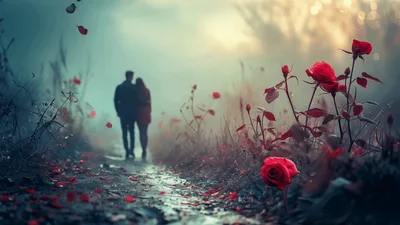 Couple Walking Through A Misty Rose Garden