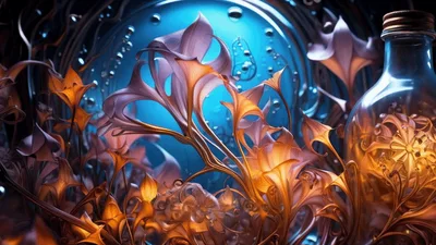 Glowing Abstract Flowers Inside Glass Bottle Underwater