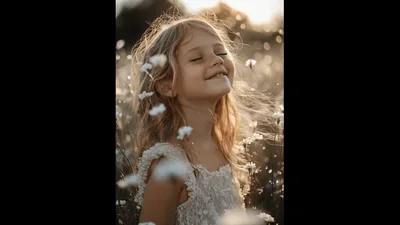 Young Girl Smiling In A Sunlit Flower Field
