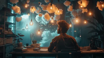 Man Sitting At Desk With Floating Clouds And Lights
