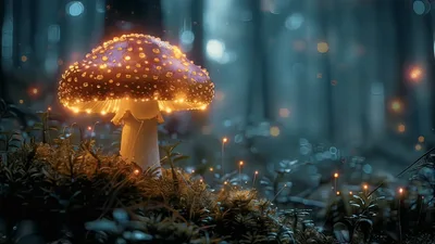 Glowing Mushroom With Floating Particles In Enchanted Forest