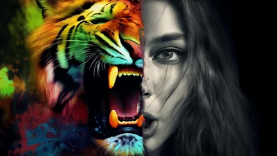 Split Face Tiger And Woman Roaring In Sync