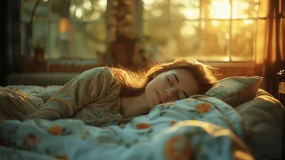 Young Woman Waking Up Smiling In Sunlit Bedroom