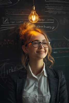 Young Woman Smiling Under A Glowing Light Bulb