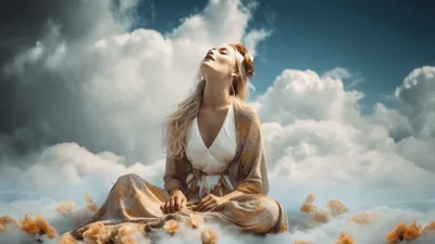 Ethereal Woman Meditating Amidst Clouds and Floating Flowers