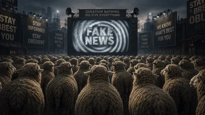 Sheep Crowd Watching Hypnotic Fake News Screen