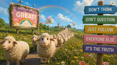 Animated Sheep Walking Along Path With Signage