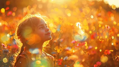 Young Girl Gazing Upward In A Sunlit Flower Field