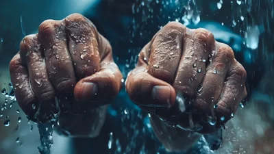Close Up Of Clenched Fists Under Heavy Rain