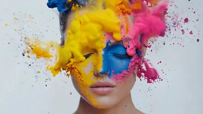 Woman Face Covered In Exploding Colorful Powder Clouds