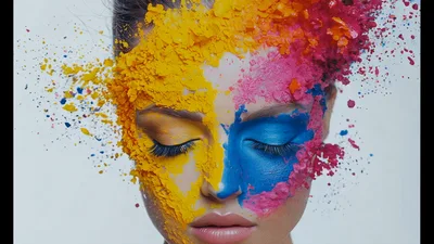 Woman With Colorful Powder Exploding On Her Face