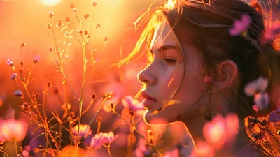 Young Woman Standing Amidst Flowers During Golden Hour