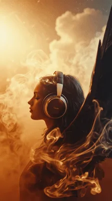 Angel Woman With Headphones Surrounded By Golden Smoke