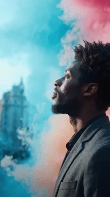 Young Man Standing Amidst Colorful Smoke Clouds