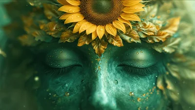 Mystical Green Goddess Opening Her Glowing Eyes