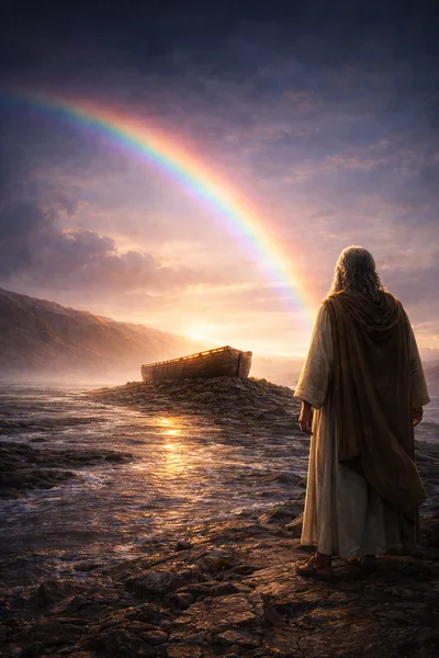 Biblical Figure Standing Before Noahs Ark Under Rainbow
