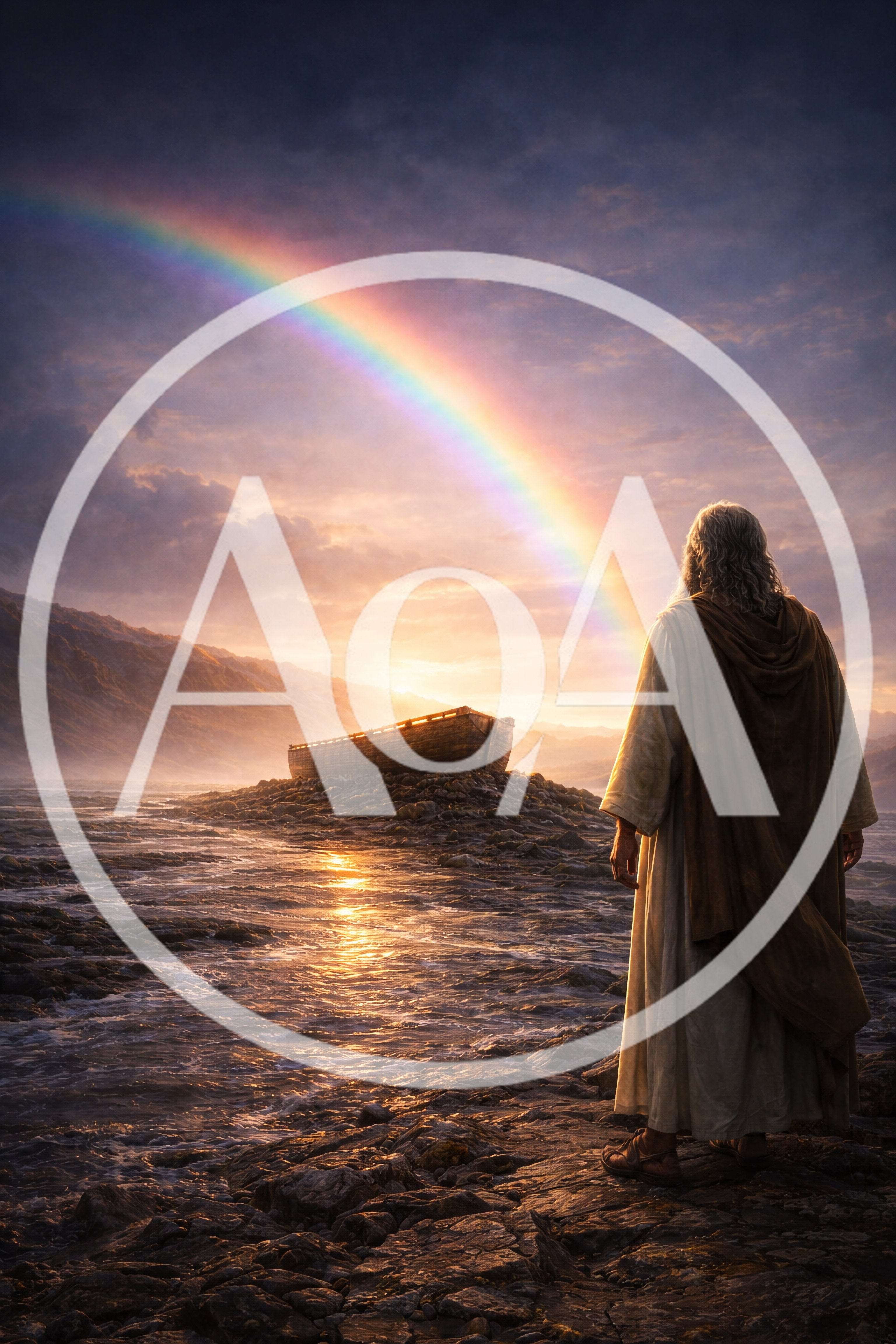 Biblical Figure Standing Before Noahs Ark Under Rainbow