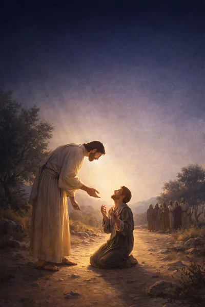 Jesus Christ Reaching Out To A Kneeling Man