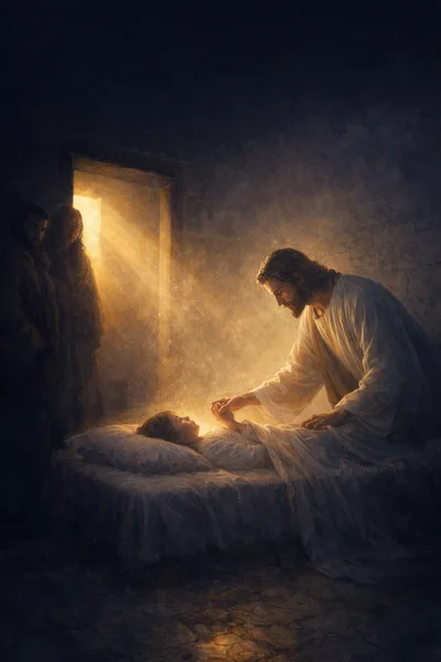 Jesus Christ Healing A Sick Child In A Dim Room