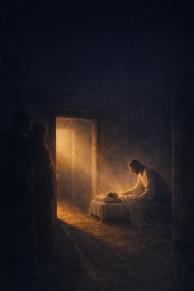 Jesus Christ Comforting A Child In A Dimly Lit Room