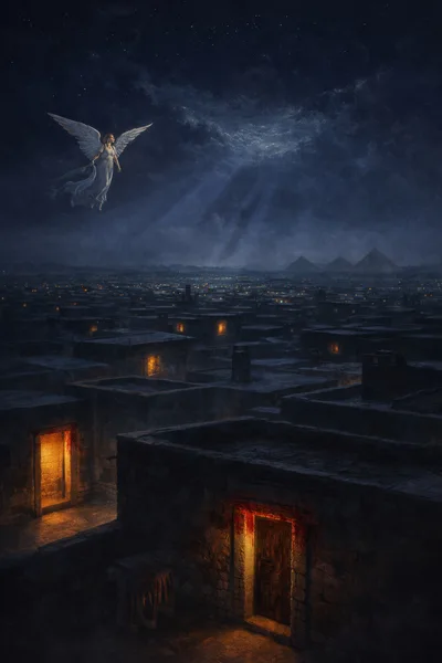Angel Flying Over Ancient City At Night