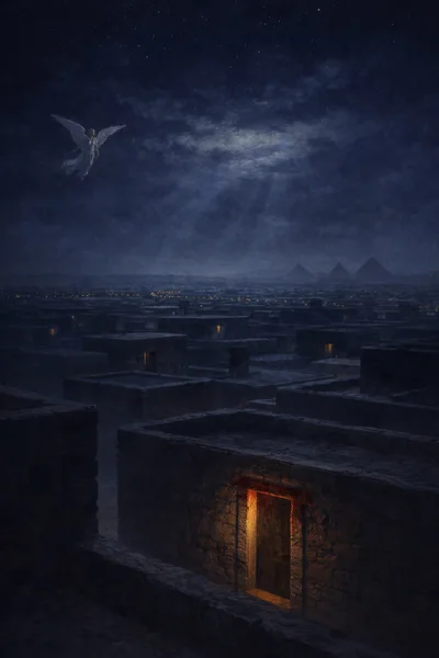 Angel Flying Over Ancient Egyptian City At Night