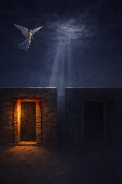 Angel Flying Above Two Stone Doorways Under Moonlight