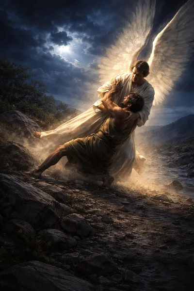 Biblical Angel Wrestling With Jacob In A Rocky Landscape