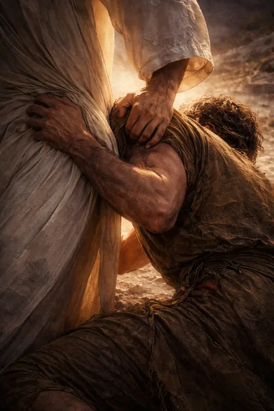 Man Kneeling Before A Divine Figure In The Desert