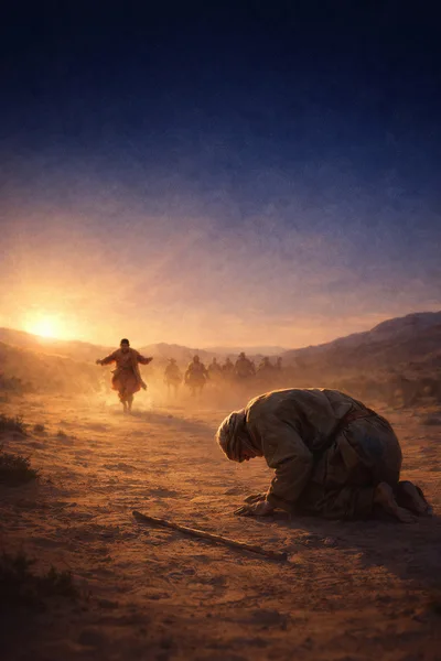 Biblical Figure Kneeling In Desert Landscape At Sunset