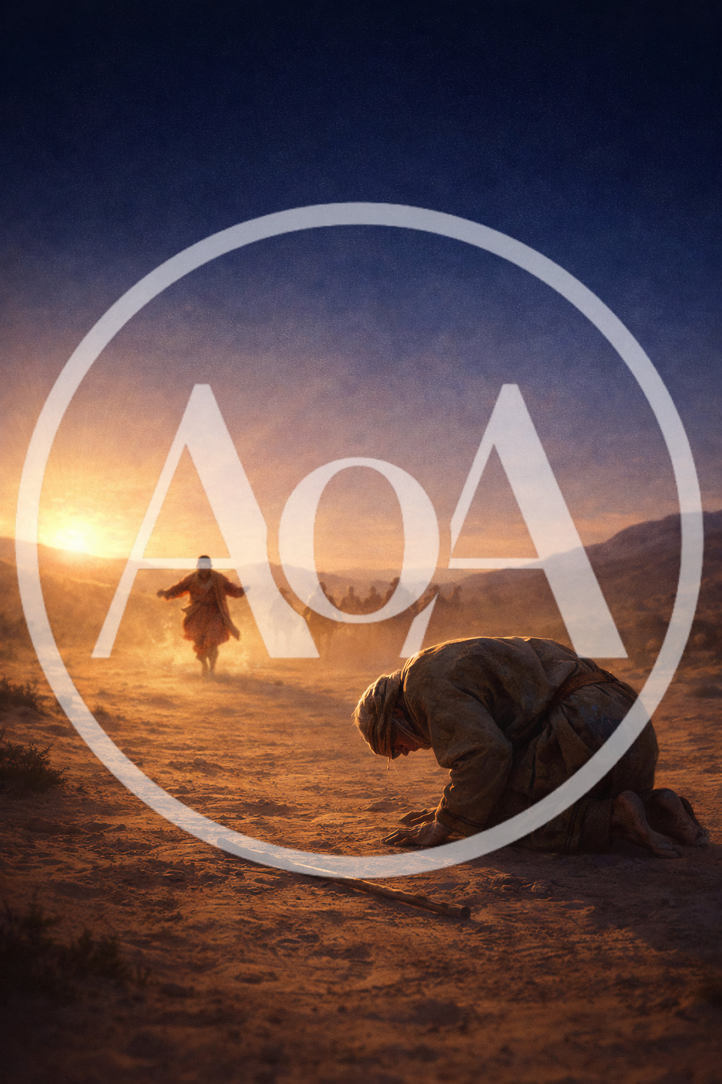 Biblical Figure Kneeling In Desert Landscape At Sunset