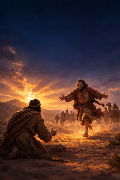 Biblical Scene Of A Man Running To Embrace Another