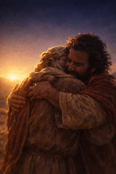 Two Men Embracing In A Biblical Setting