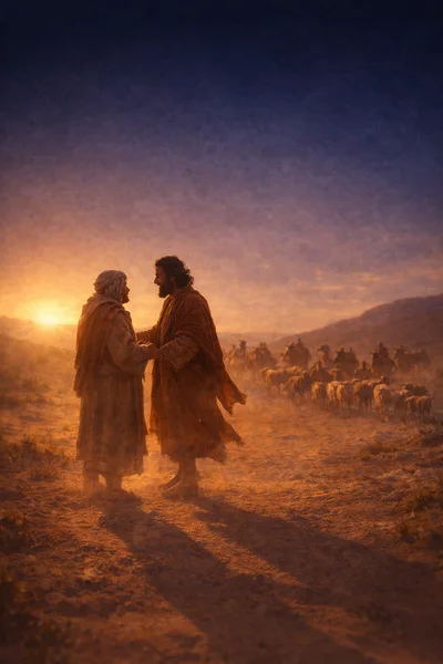 Two Biblical Figures Meeting In A Desert Landscape
