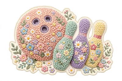 Embroidered Bowling Ball and Pins with Floral Motifs