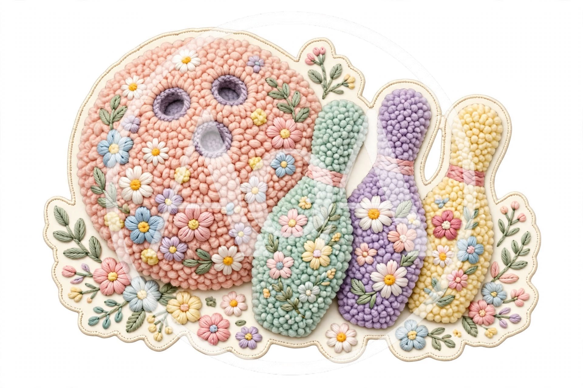 Embroidered Bowling Ball and Pins with Floral Motifs