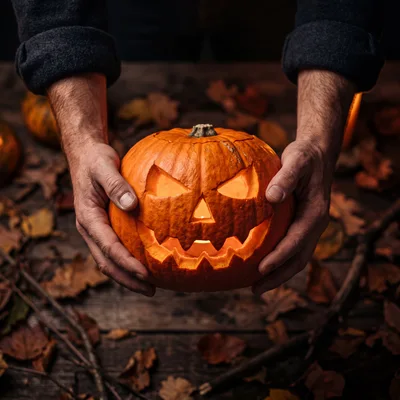 Person Holding A Glowing Jack O Lantern Pumpkin