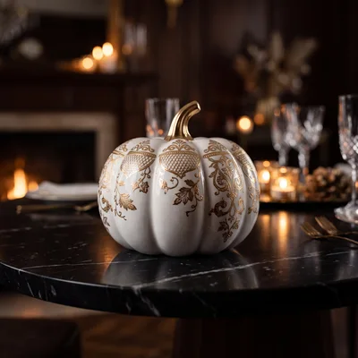 Decorative White And Gold Pumpkin Centerpiece On Marble Table