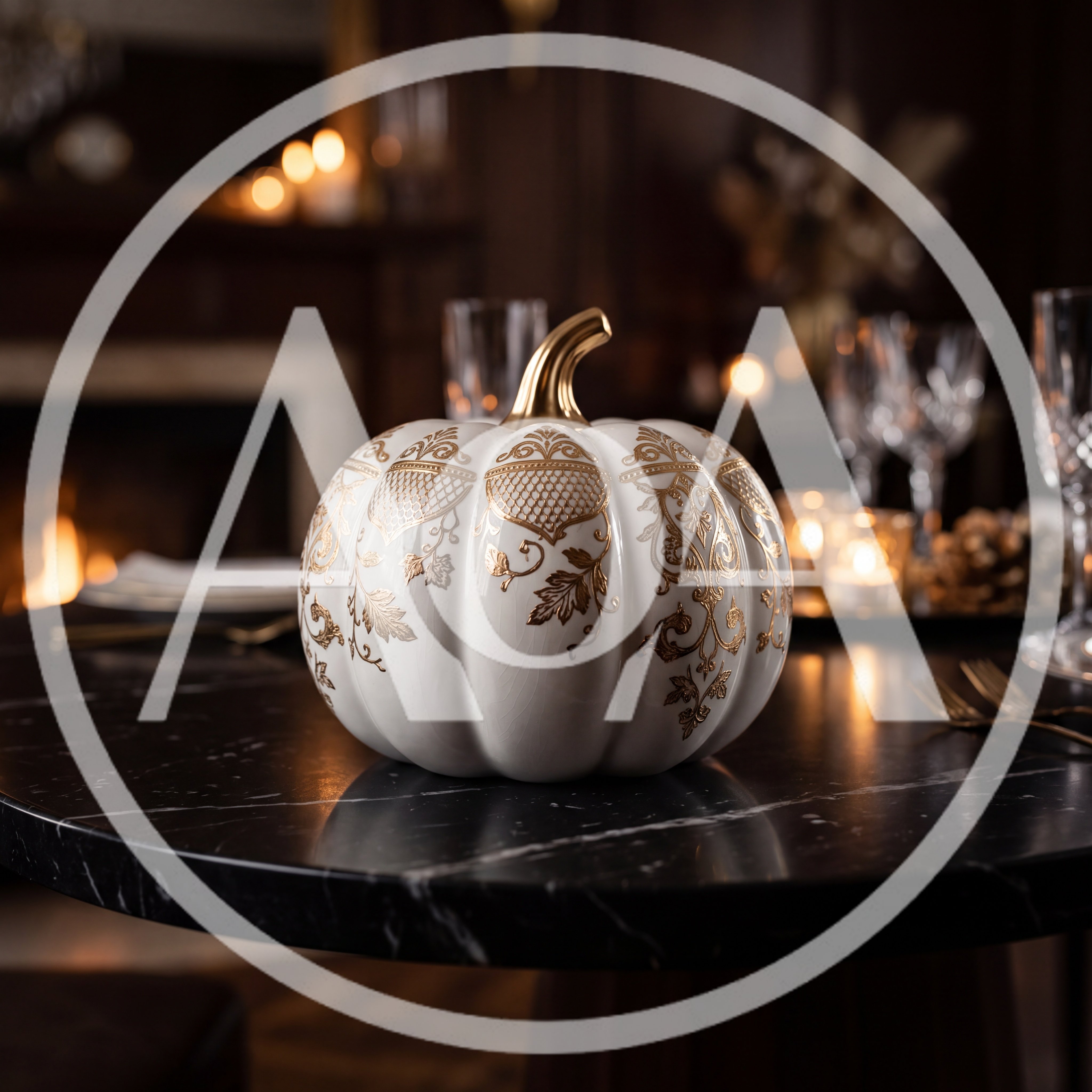Decorative White And Gold Pumpkin Centerpiece On Marble Table