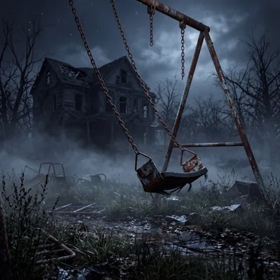 Abandoned Playground With Rusty Swing Set At Night