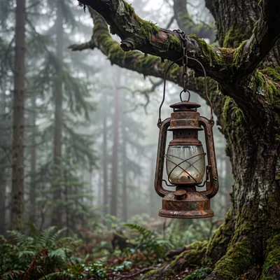 Rusty Vintage Lantern Hanging From Mossy Tree Branch