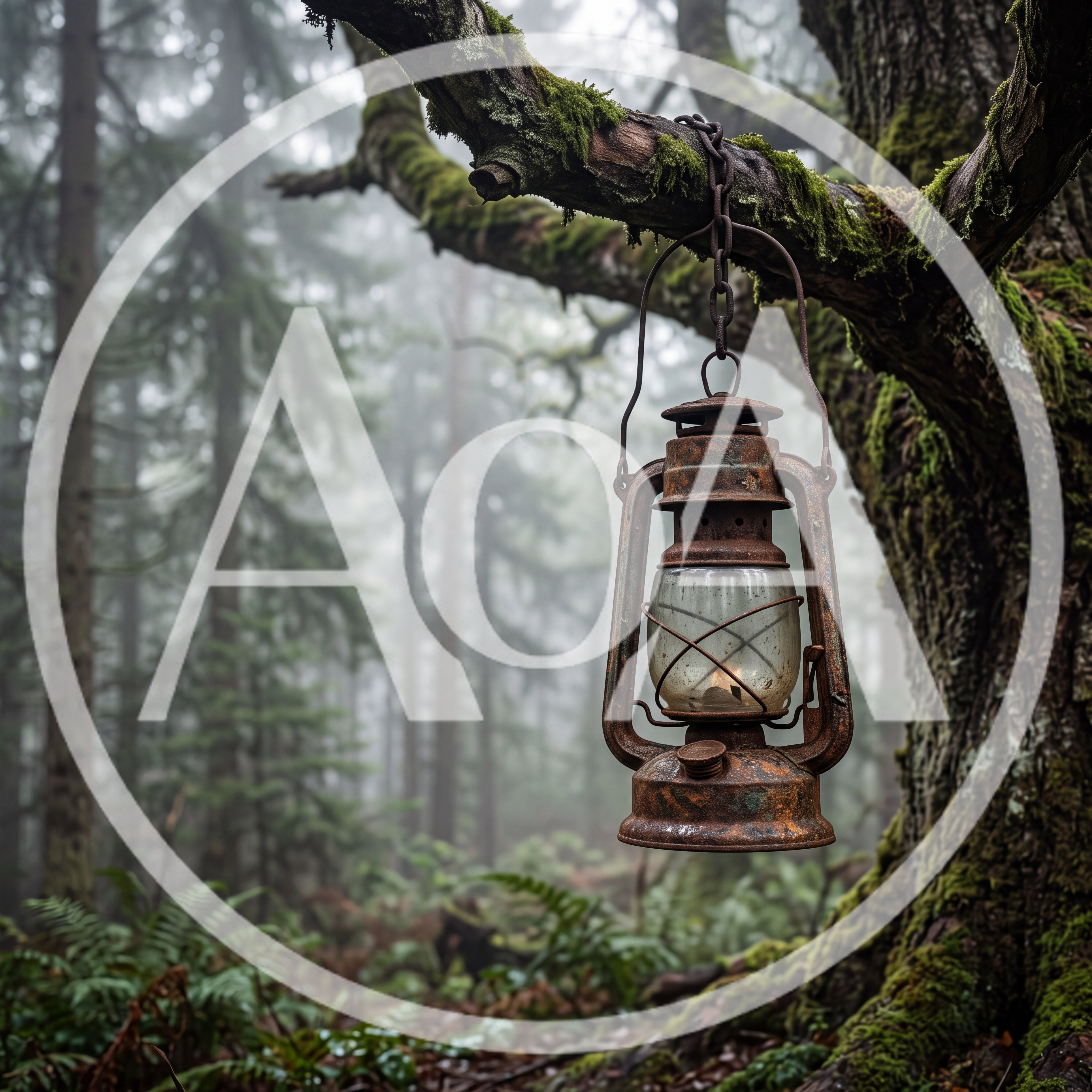 Rusty Vintage Lantern Hanging From Mossy Tree Branch