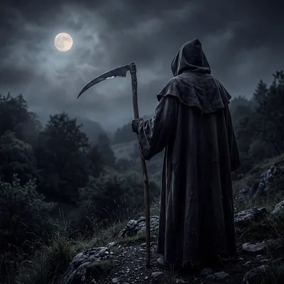 Grim Reaper Standing With Scythe Under Full Moon