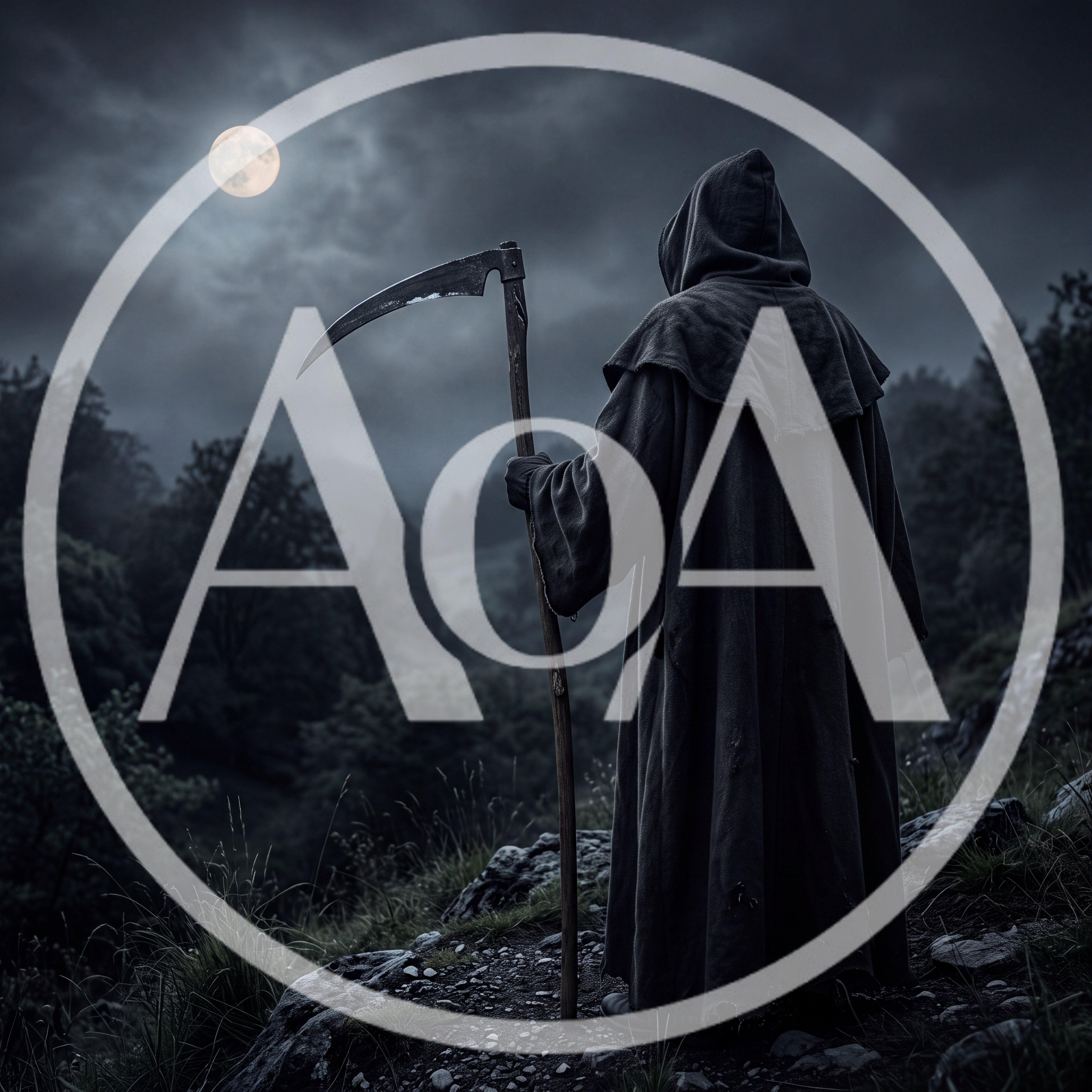 Grim Reaper Standing With Scythe Under Full Moon
