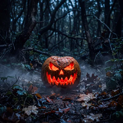 Glowing Jack O Lantern In A Dark Misty Forest