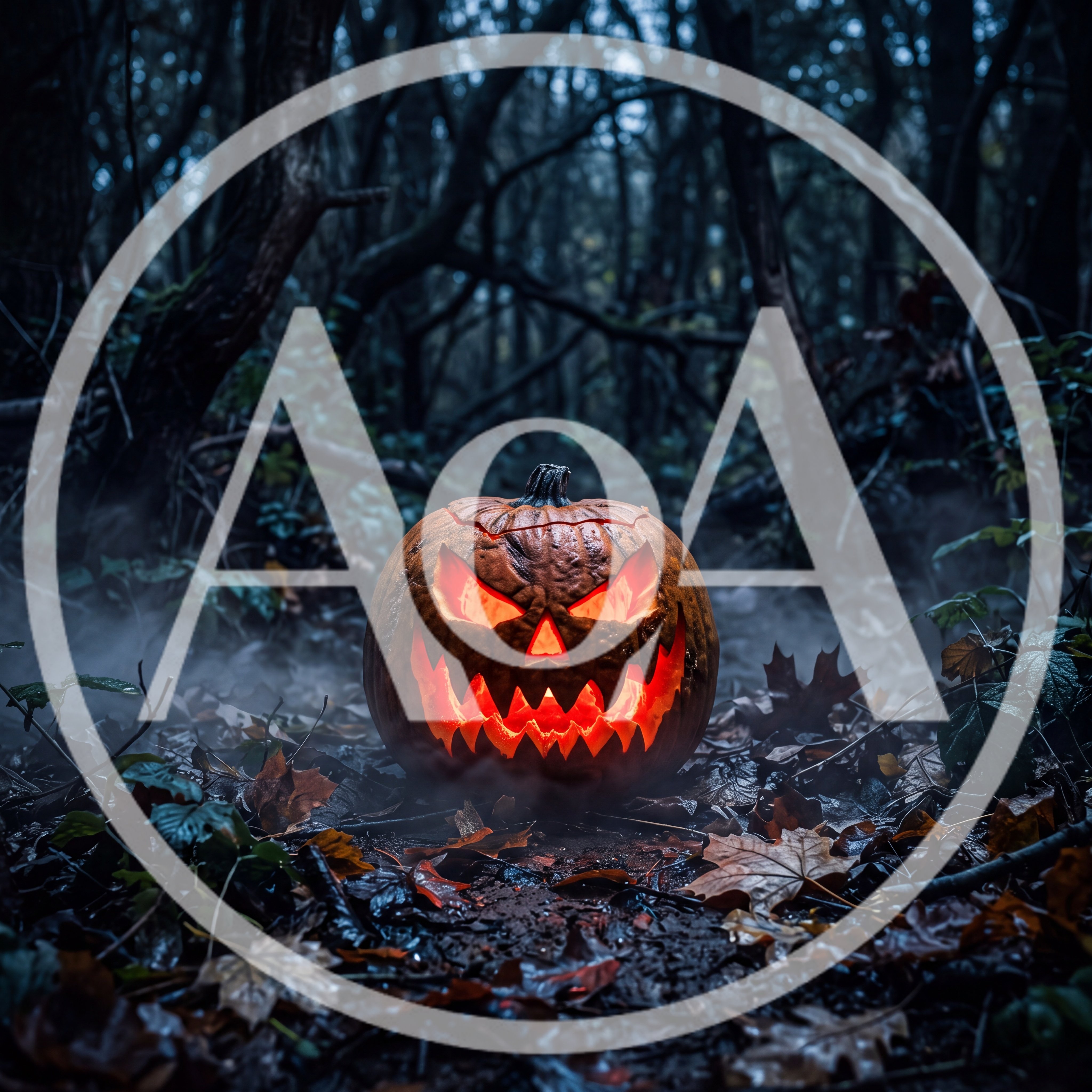 Glowing Jack O Lantern In A Dark Misty Forest