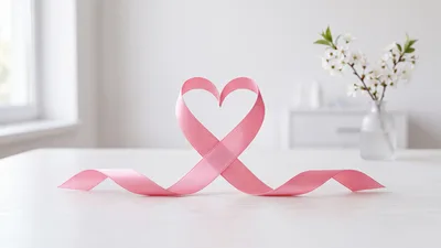 Pink Ribbon Shaped Into A Heart On A Table