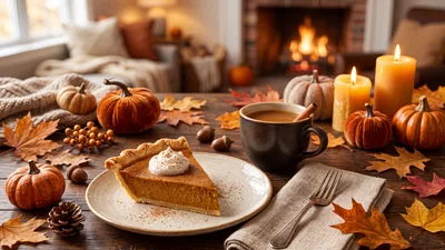 Pumpkin Pie Slice on Rustic Table with Autumn Decor