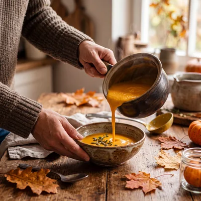 Person Pouring Pumpkin Soup Into A Rustic Bowl